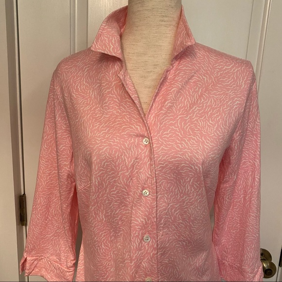 J. McLAUGHLIN TOP PINK WHITE BUTTONS COLLAR 3/4 SLEEVE SIZE L - Picture 2 of 11